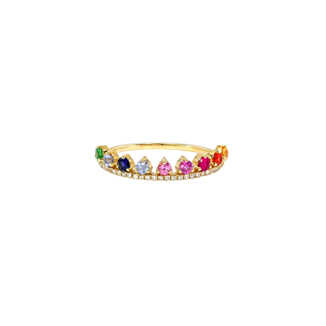 Esencial, una pieza clave para tu fondo de armario el anillo Cuba realizado en plata de 1ª Ley 925 milésimas recubierto por un baño de oro amarillo en 18 Ktes esta compuesto por un aro inferior de pequeñas circonitas en talla circular sobre ellas una corona de gemas en diferentes colores de la misma forma, talla circular aportando un toque de color y luminosidad.