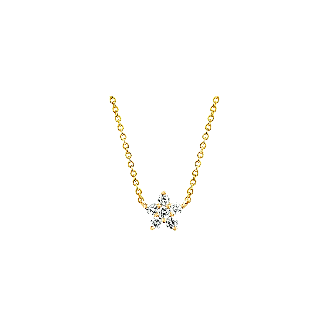 Una estrella formada por 5 circonitas blancas, sujeta a una fina cadena forman el collar Perdita diseñado en plata de 1ª Ley 925 milésimas y un baño de oro amarillo de 18 Ktes 