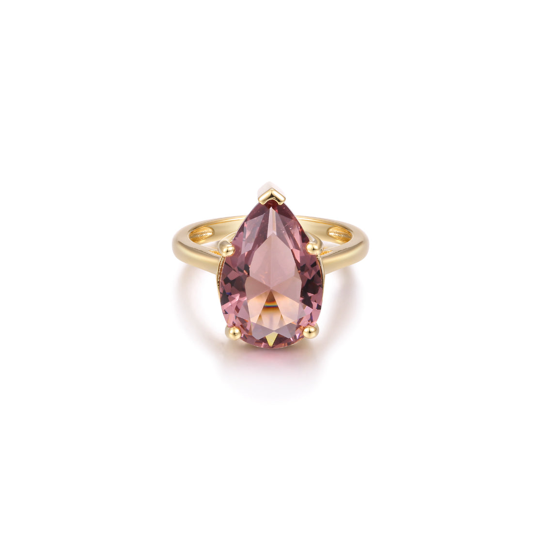 Sibela Studio anillo Fallen Piedad en talla pera o gota sujeta por cinco garras color de la piedra rodillita combinación de rosa, rojo y púrpura, una piedra de tamaño importante en 10 x 15 milímetros. un anillo perfecto y especial para todas las ocasiones. Realizado en plata de 1ª ley 925 milésimas acabado con un baño de oro amarillo.