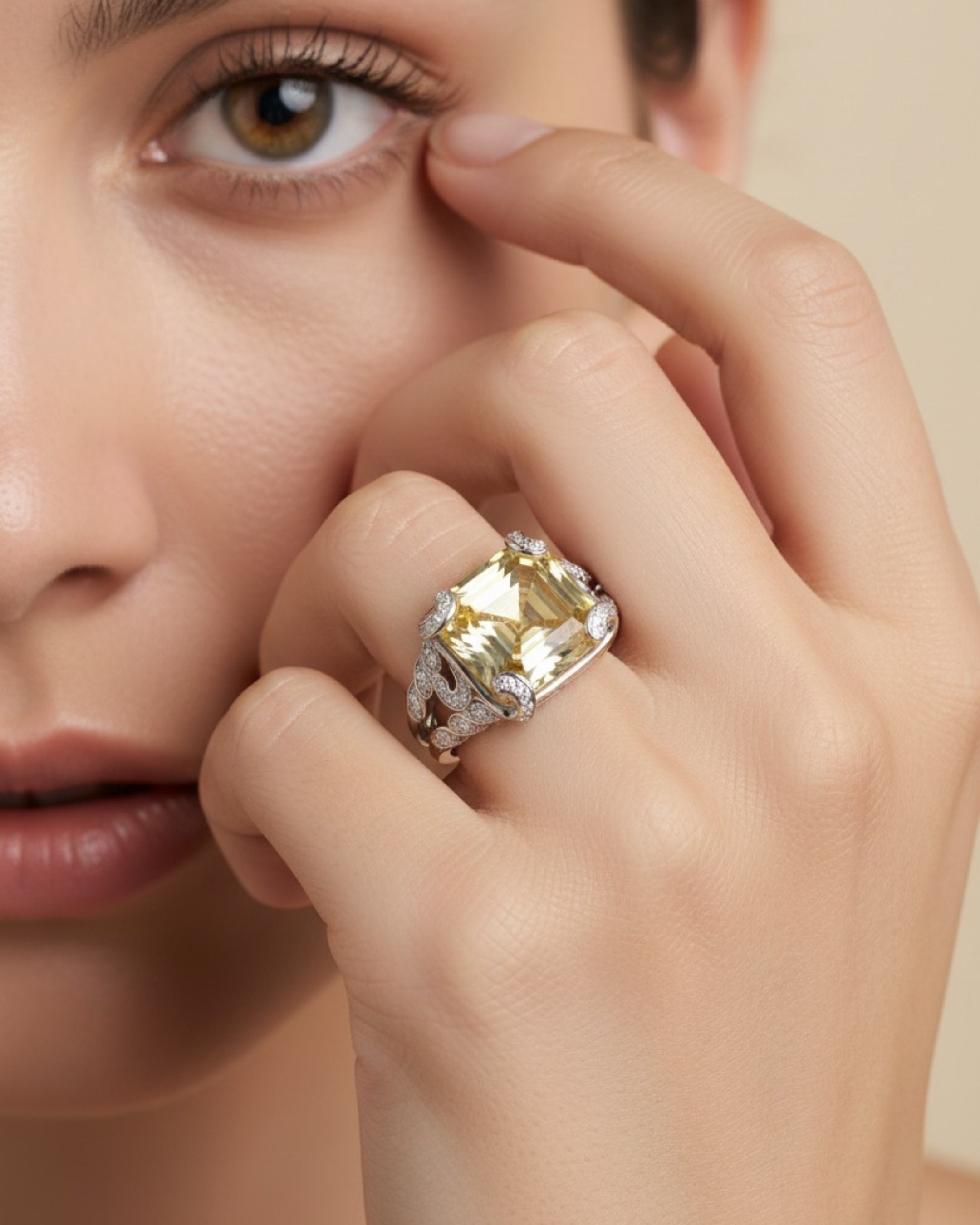 Detalle de la piedra amarilla central del anillo Bett con talla luminosa y reflejos intensos.