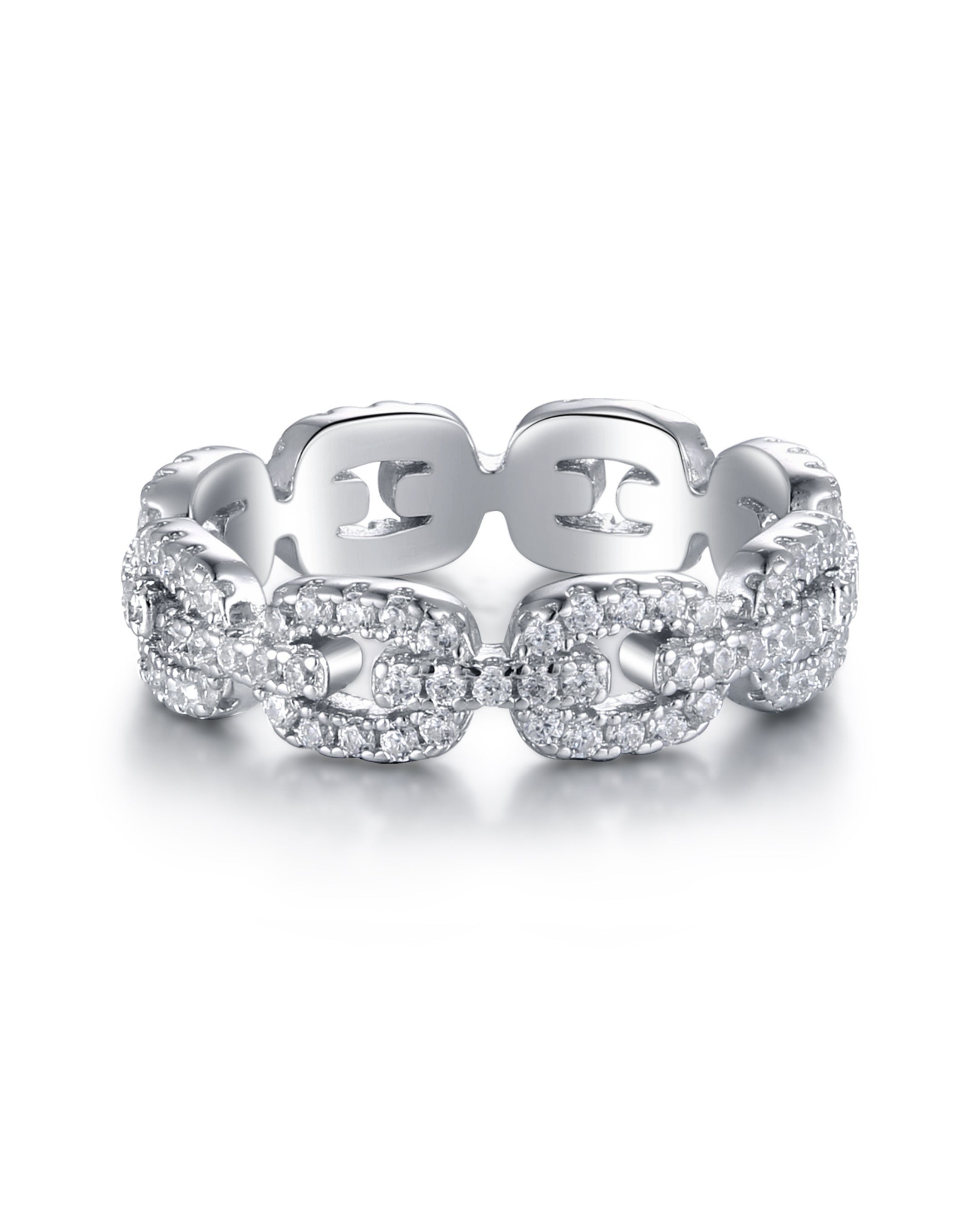 Anillo Charleston de Sibela Studio con diseño de eslabones y circonitas blancas en talla brillante.