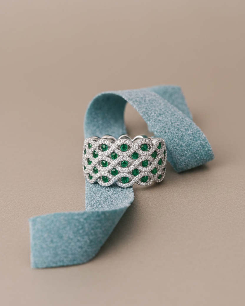 Anillo con circonitas verdes y blancas en un diseño elegante perfecto para cualquier ocasión.