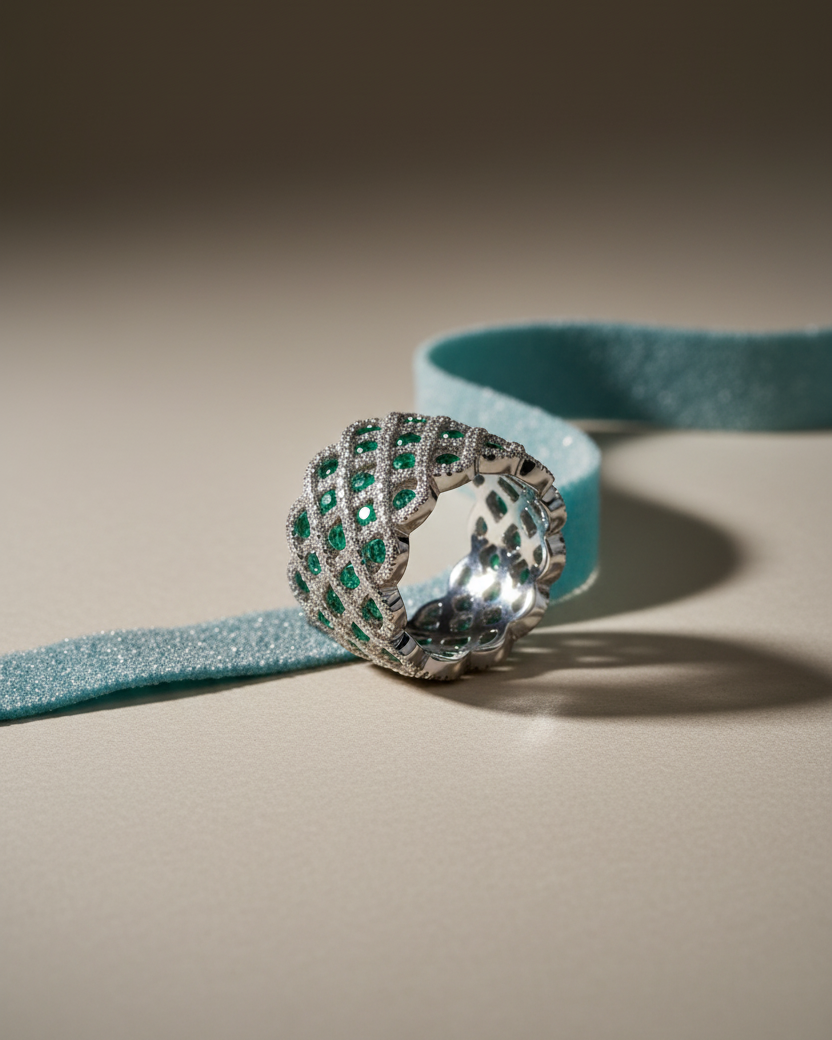 Anillo elegante para mujer con contraste de piedras verdes y blancas y acabado brillante en rodio blanco.