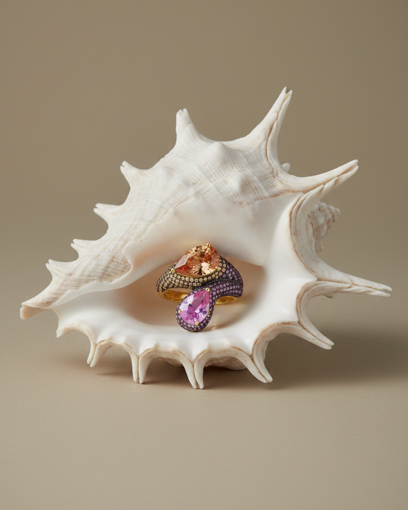 Anillo dorado con piedra morganita para fiestas, celebraciones y ocasiones especiales.