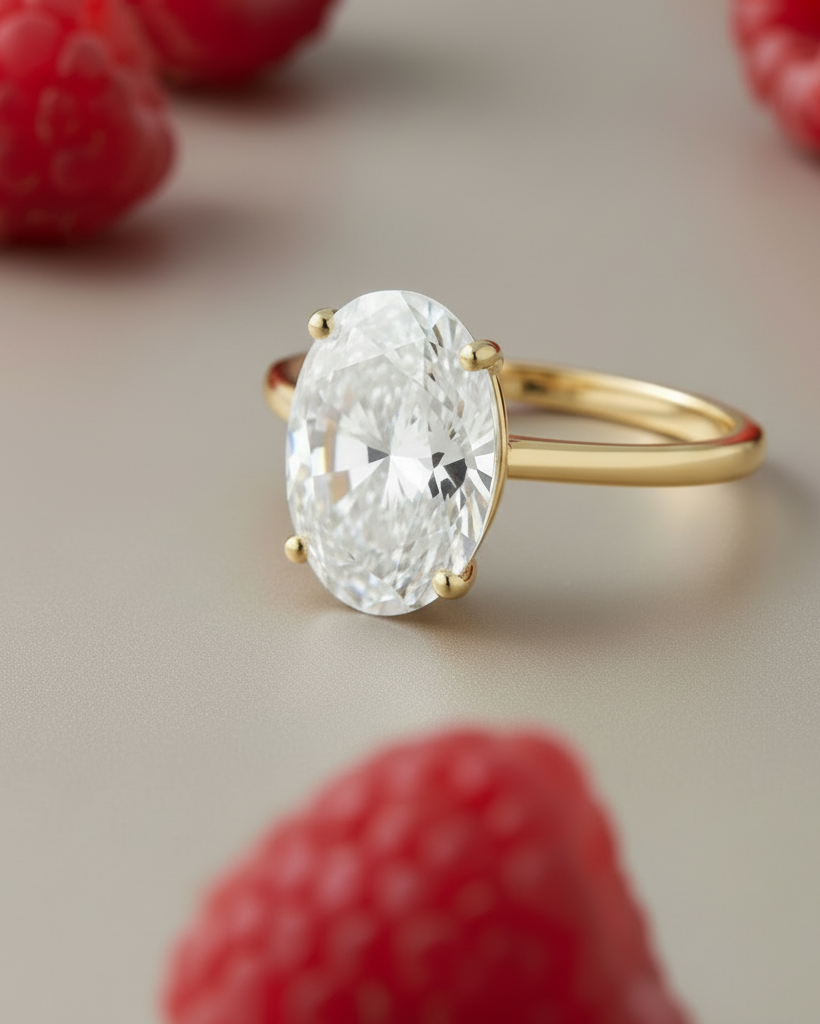 Detalle del anillo Flapper con piedra oval de gran luminosidad y acabado en oro amarillo de 18 kts.
