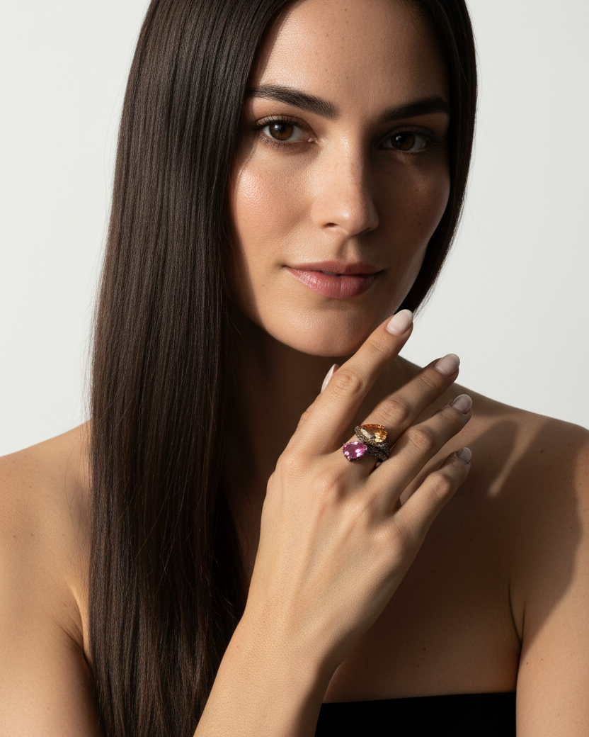 Anillo con piedra morganita ideal para invitadas de boda y eventos especiales.