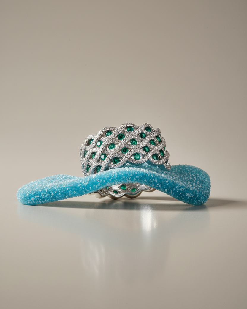 Anillo de inspiración lujo con acabado en rodio blanco y piedras luminosas en tonos verde y blanco.
