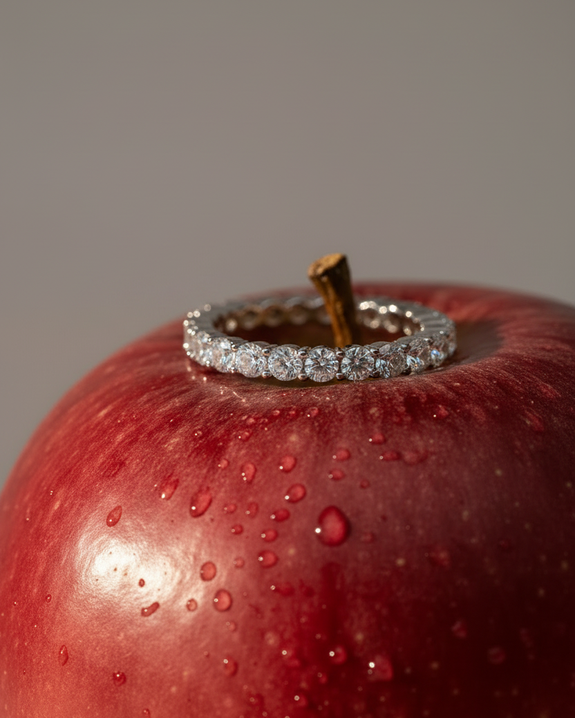 Anillo estilo media alianza Tess con circonitas blancas brillantes y acabado en rodio de gran durabilidad.