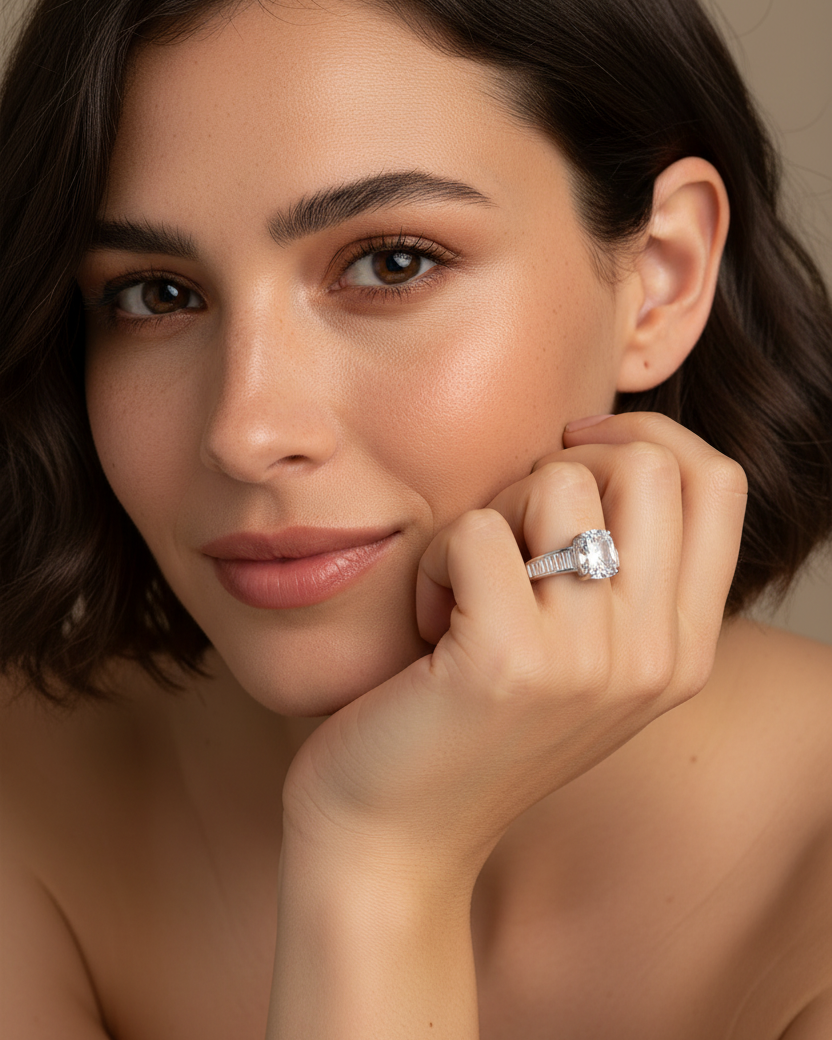 Anillo moderno para mujer con diseño refinado y acabado luminoso en rodio blanco.