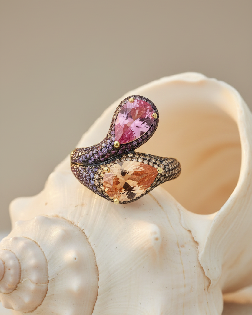 Anillo dorado con piedra morganita en talla pera y acabado brillante.