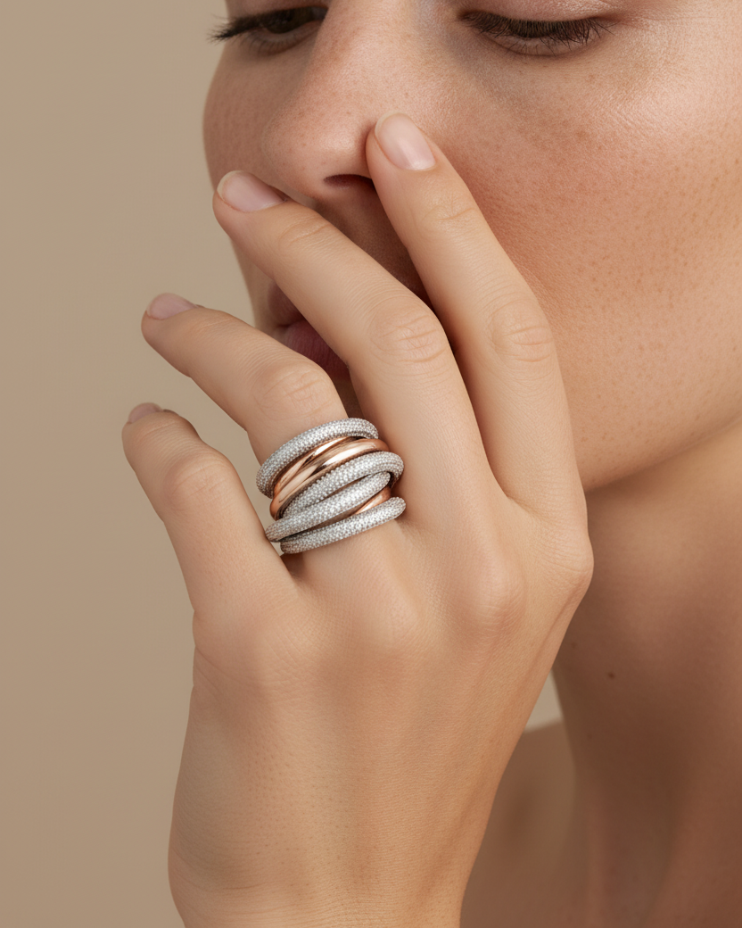 Vista frontal del anillo Sultans de Sibela Studio con acabado brillante y pavé de circonitas blancas.