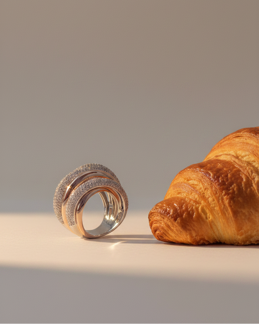 Anillo Sultans de Sibela Studio acabado en oro rosa de 18 kts con circonitas blancas en talla circular y diseño elegante inspirado en las olas de Maldivas.