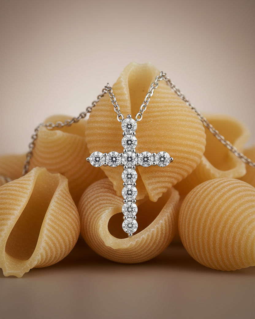 Collar Croix con cruz de piedras brillantes en talla circular y acabado en rodio, diseño elegante y minimalista.
