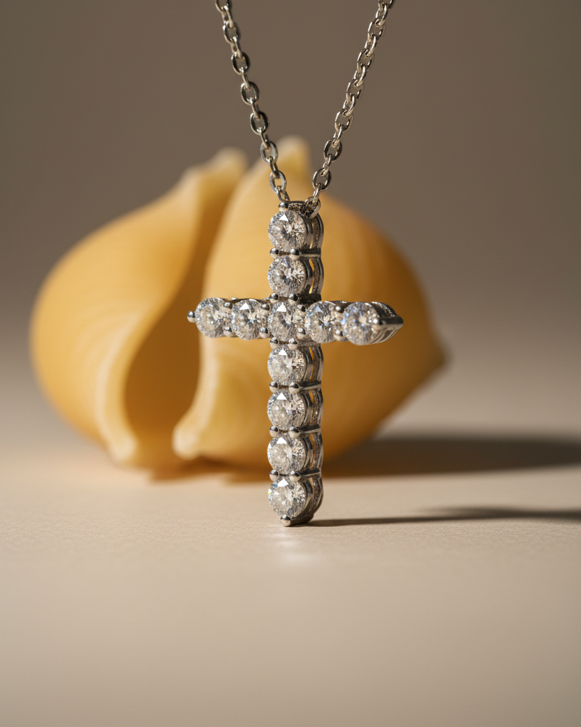 Collar de joyería minimalista con cruz brillante y acabado en rodio, elegante y atemporal.