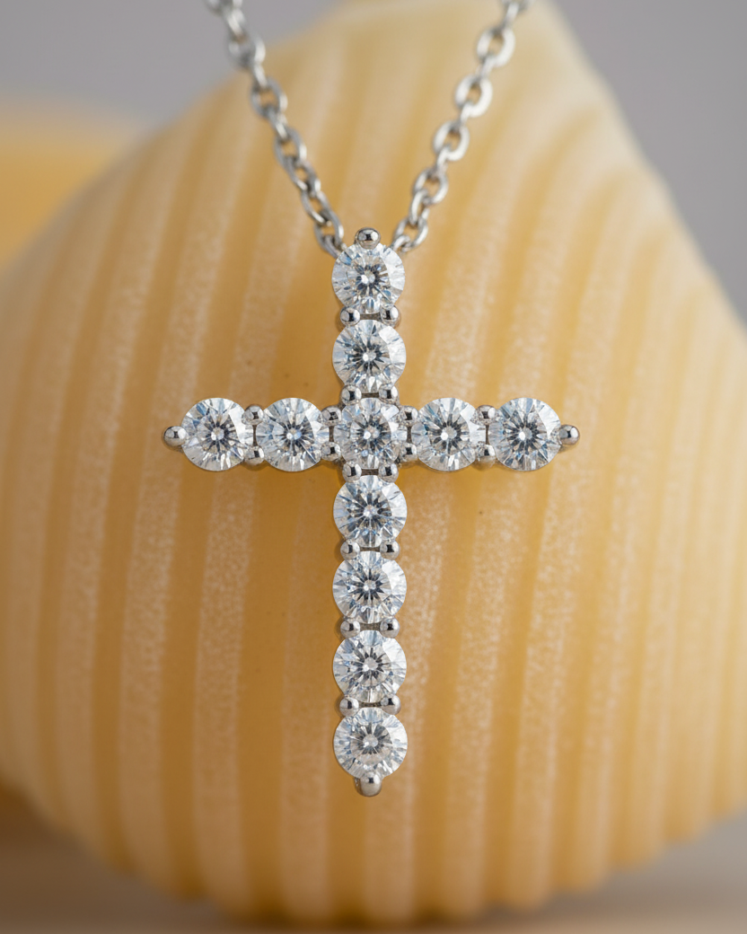 Collar minimalista con cruz brillante y acabado en rodio, una joya elegante y atemporal.