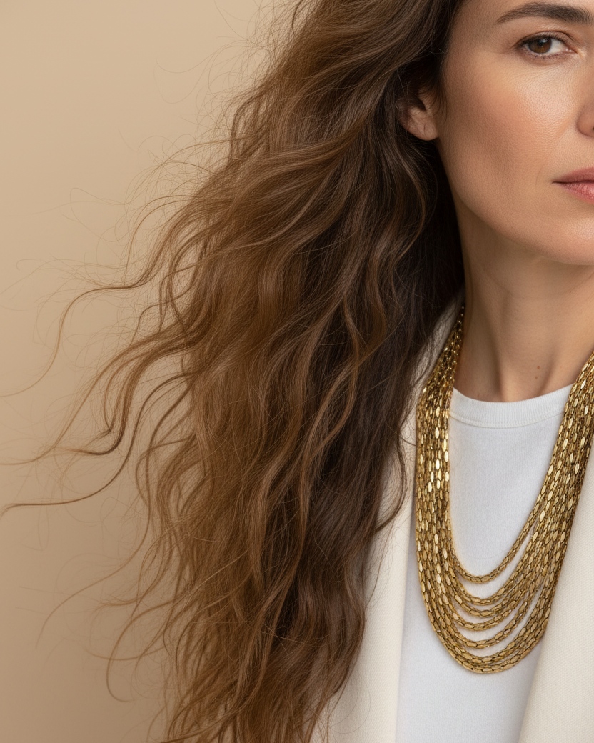 Collar de cadenas dorado PEDRI de Sibela Studio con diseño multicapa y efecto voluminoso.