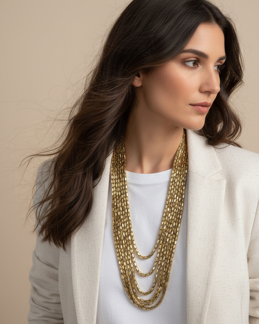 Collar dorado PEDRI de siete tiras con diseño multicadena y cierre ajustable.