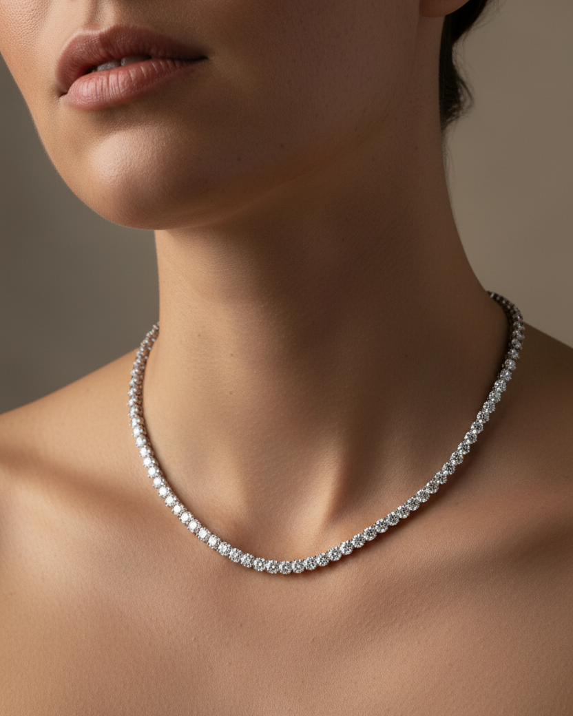 Collar joya con acabado en rodio y piedras brillantes que reflejan la luz con elegancia.