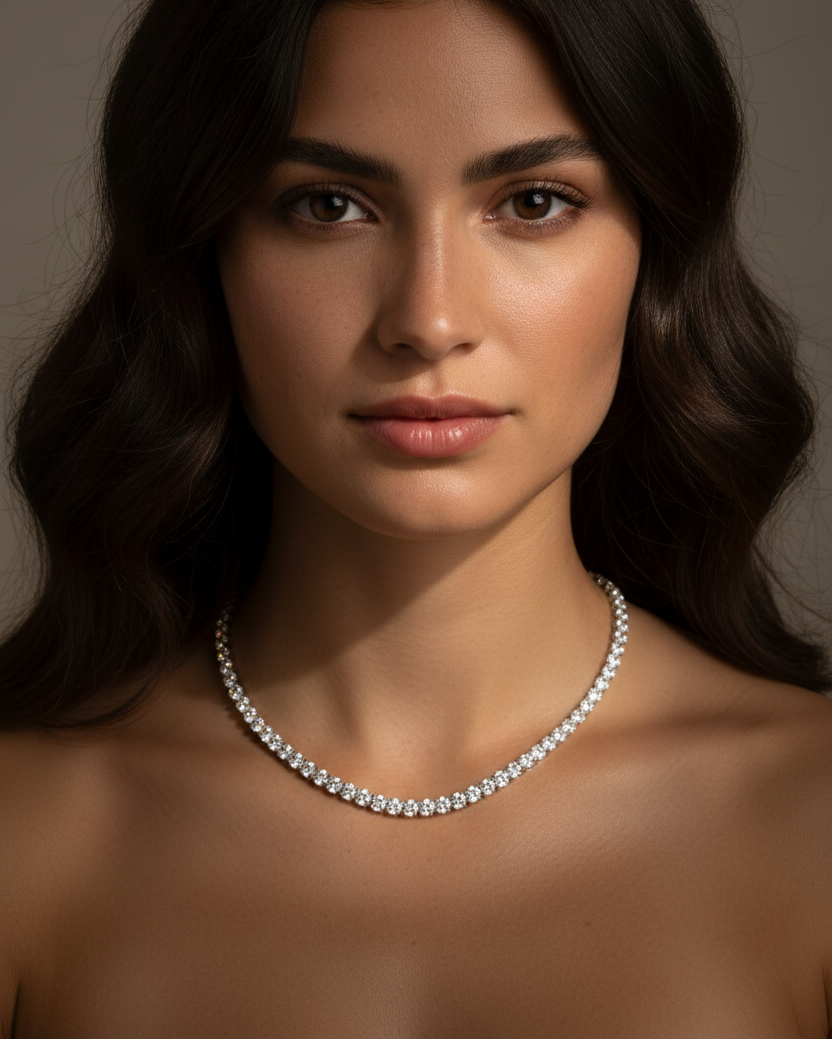 Collar de joyería fina con piedras brillantes y acabado en rodio, perfecto para ocasiones especiales.