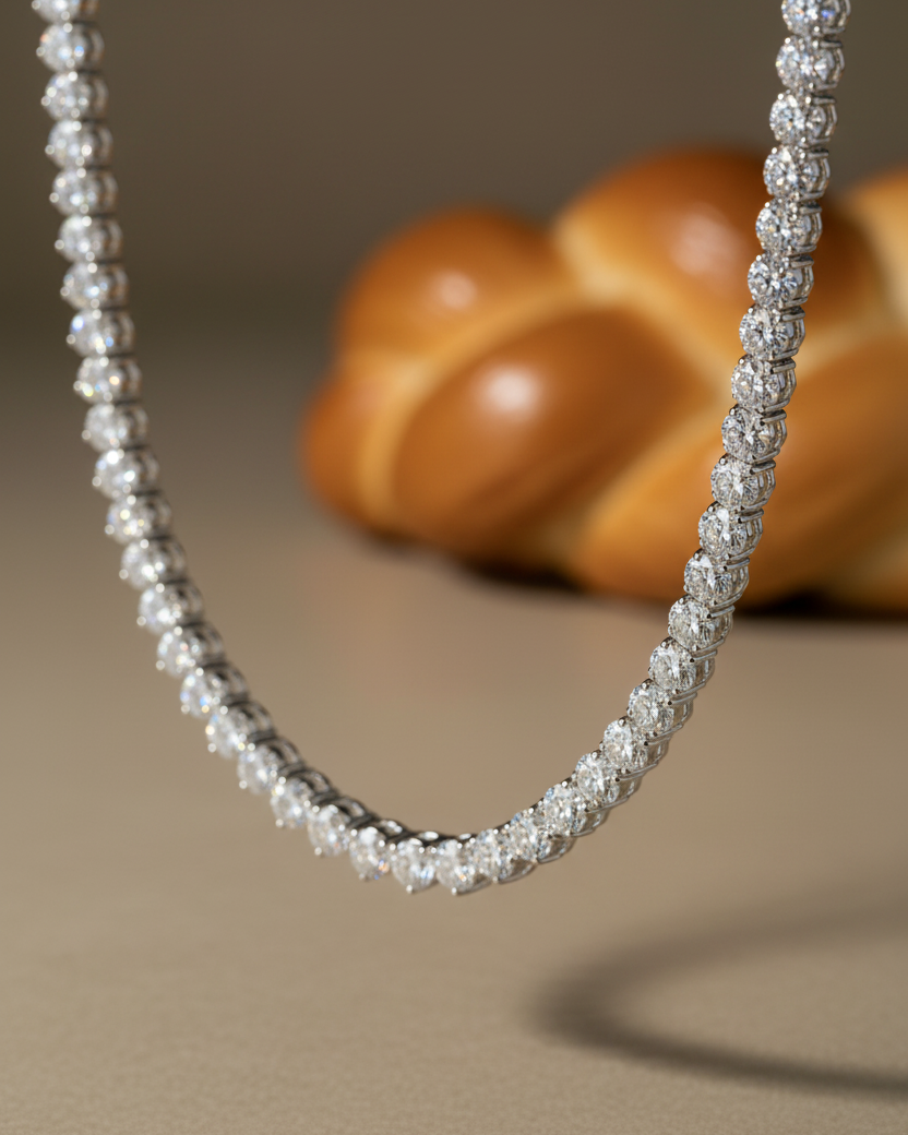 Collar de lujo sutil con acabado en rodio y piedras brillantes que aportan luz y sofisticación.