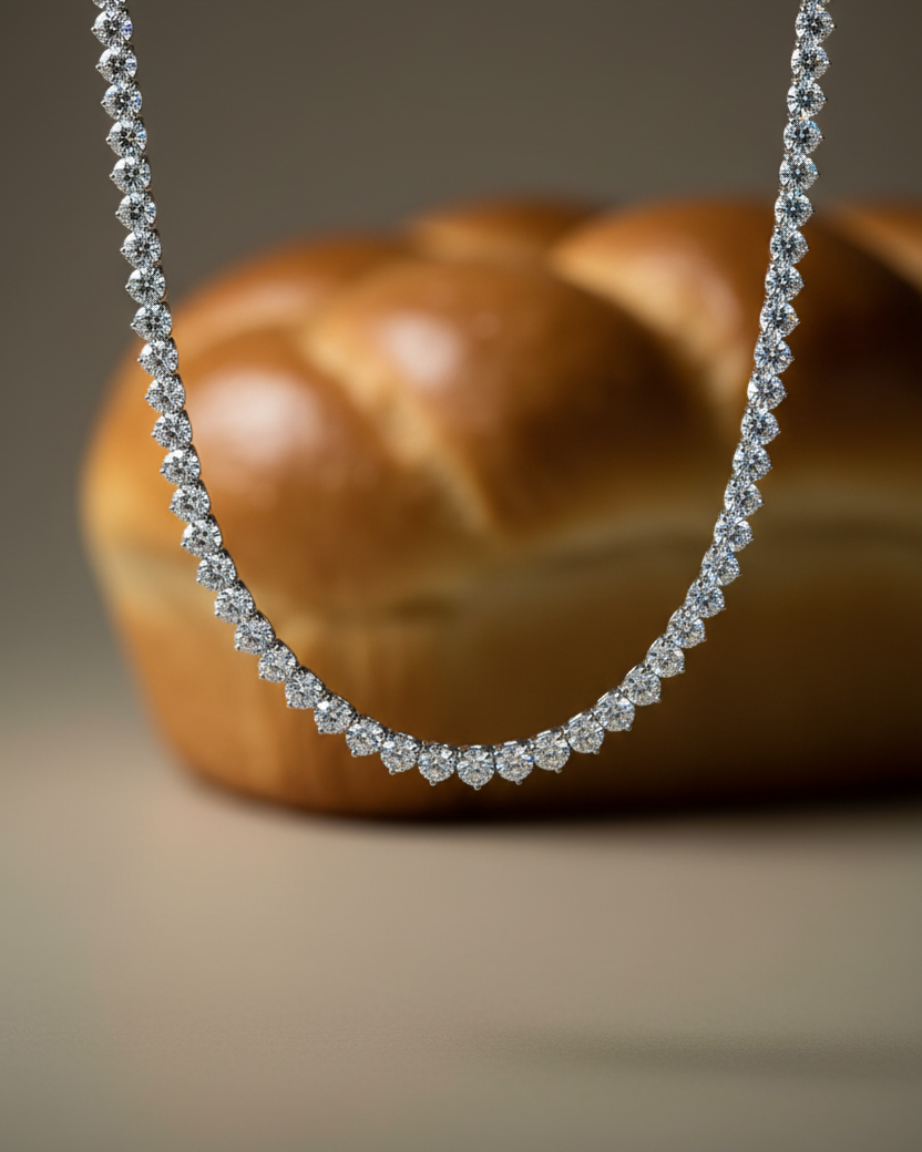 Collar femenino con acabado en rodio y diseño luminoso inspirado en la alta joyería.
