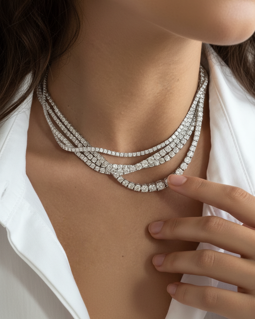 Collar premium para mujer con acabado en rodio y piedras luminosas en talla circular.