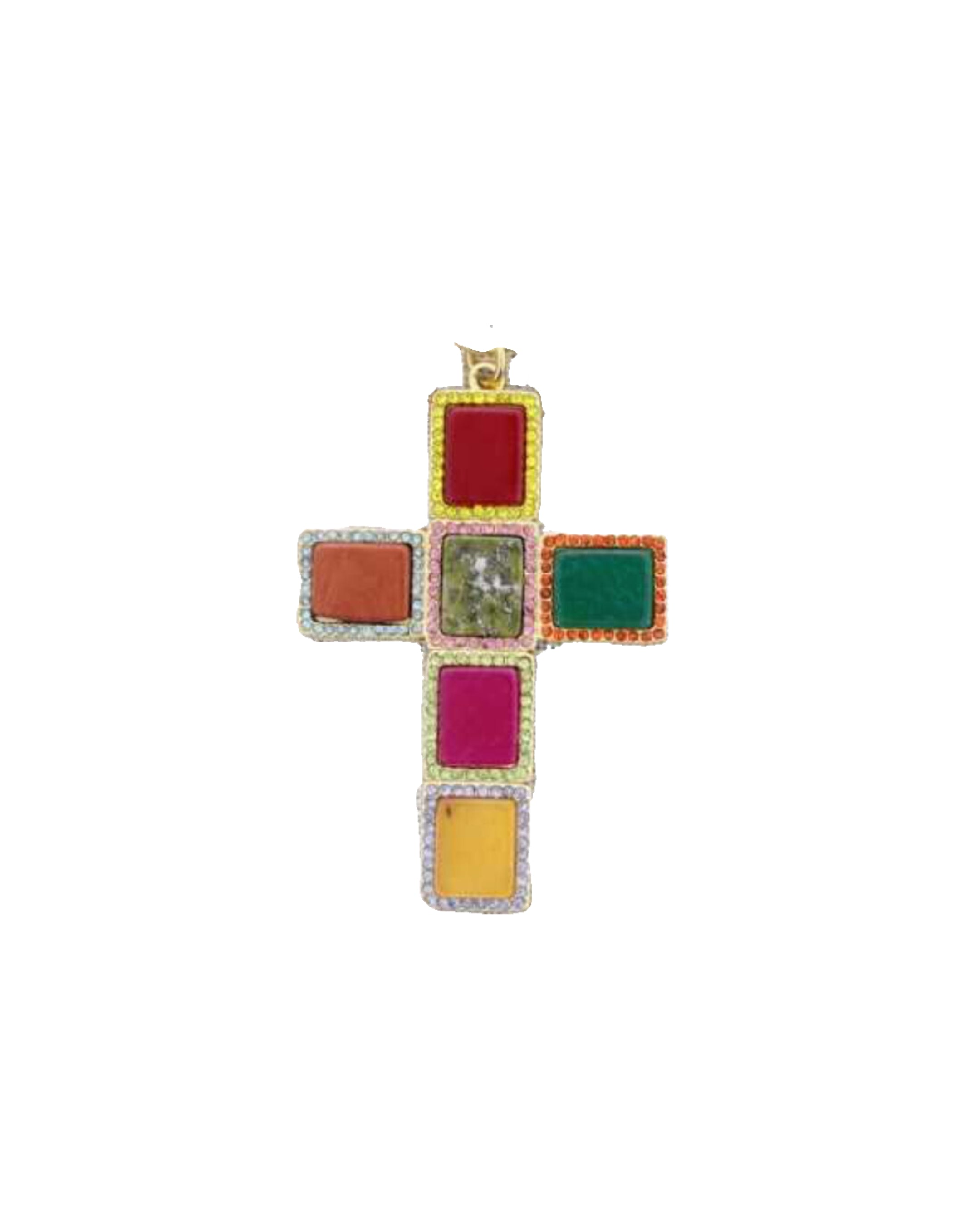 Collar Vivid en oro amarillo con cruz adornada de piedras de colores: azul, verde, rojo, rosa y naranja. Cadena ajustable de 36 cm + 5 cm, inspirado en los vibrantes colores de los años 90