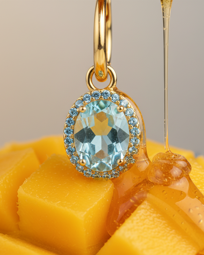 Pendientes de aro pequeño con piedra azul y acabado en oro amarillo de 18 kt.