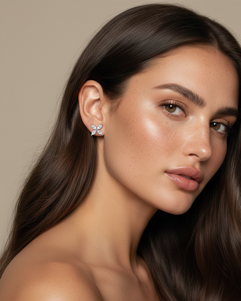 Pendientes minimalistas con acabado en rodio y piedras blancas. Estilo limpio y contemporáneo.