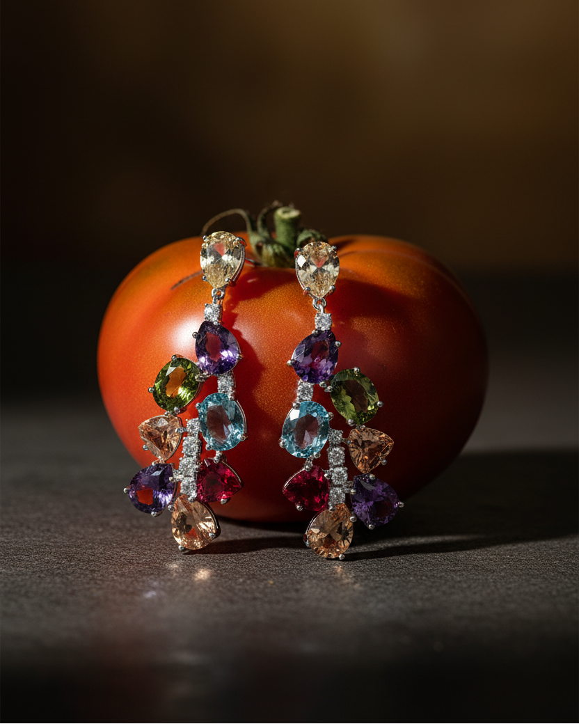 Pendientes con piedras brillantes en diferentes colores y tallas, llenos de luz y movimiento.