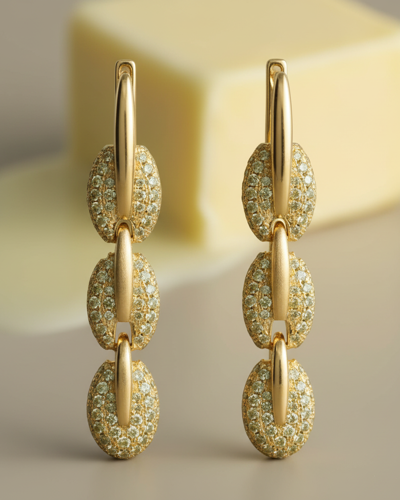 Pendientes de inspiración industrial con eslabones planos y acabado en oro amarillo de 18 kt.