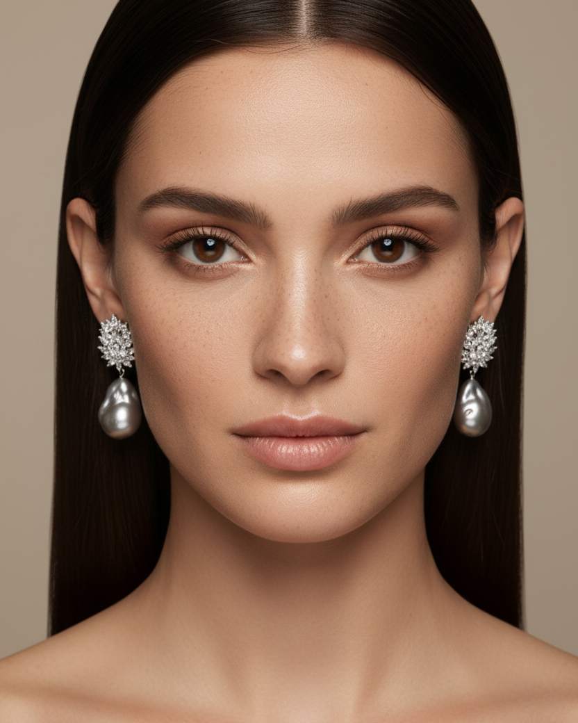 Pendientes modernos con perla barroca gris, piedras blancas y diseño colgante.