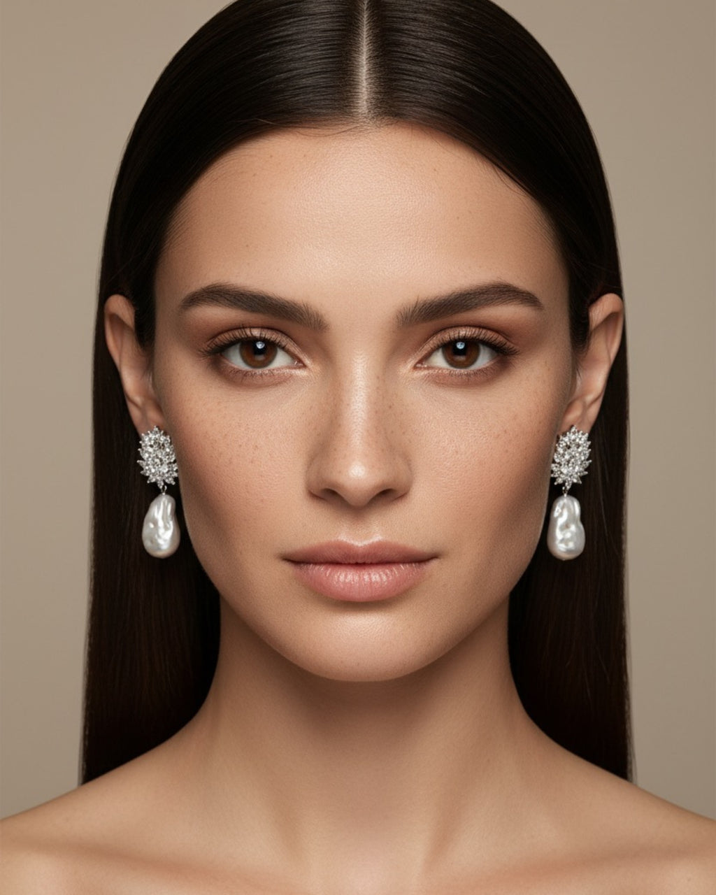 Detalle de los pendientes Éclat con piedras blancas en talla marquesa sujetas con delicadeza.