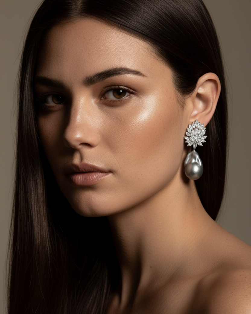Pendientes Éclat de Sibela con perla barroca gris, piedras blancas y acabado en rodio.