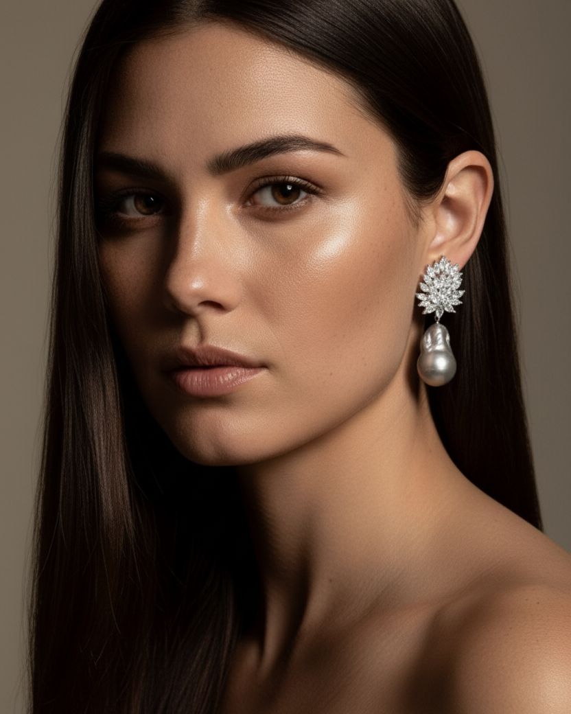 Pendientes elegantes para mujer con perla barroca gris y pequeñas piedras blancas.