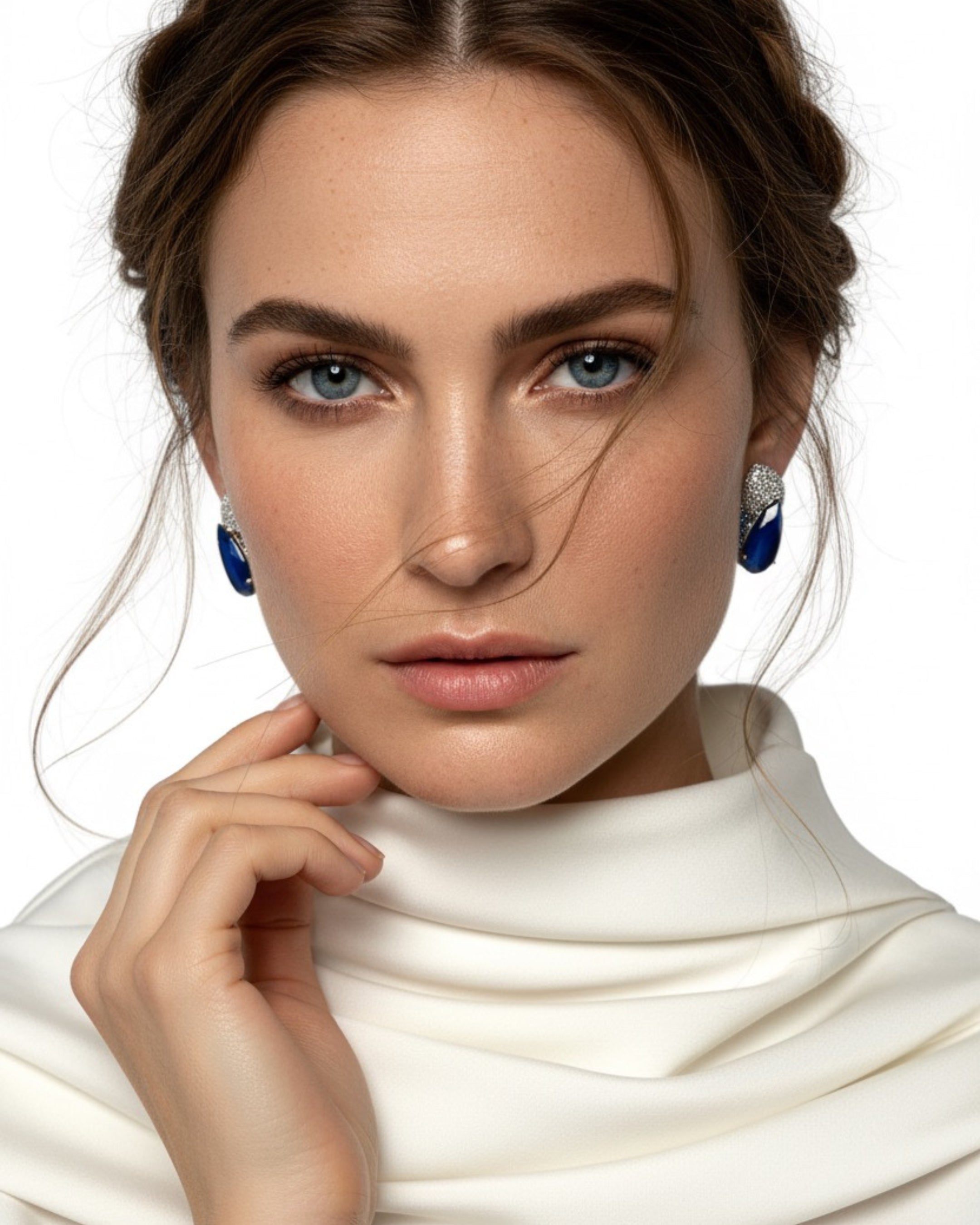 Detalle del brillo de los pendientes Epoc con piedra azul central y pequeñas piedras luminosas.