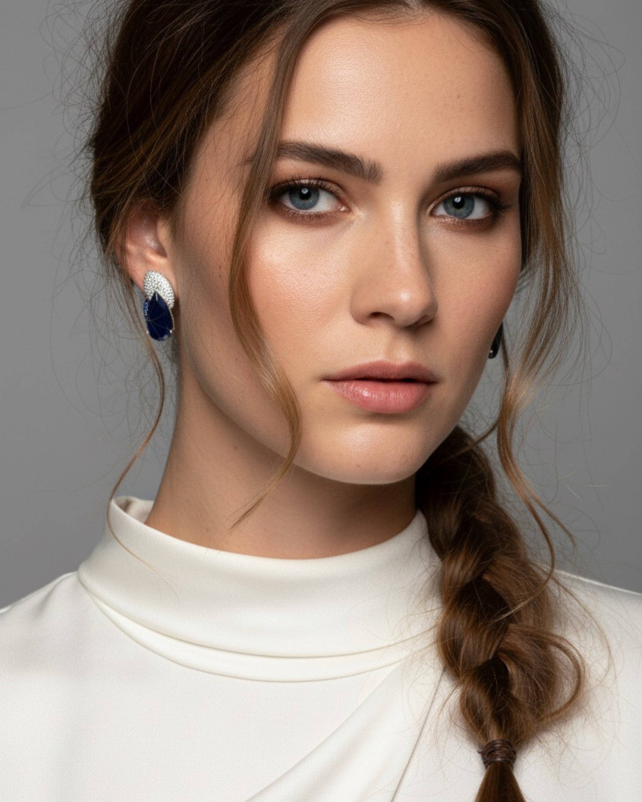 Detalle de los pendientes Epoc con piedra azul en talla gota y diseño sofisticado con brillo intenso.