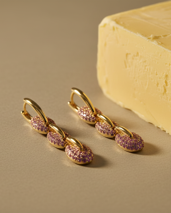 Pendientes de eslabones dorados con delicadas piedras rosas y acabado elegante.