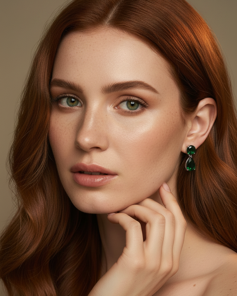 Pendientes color esmeralda de Sibela Studio con diseño elegante y piedras de alta luminosidad.