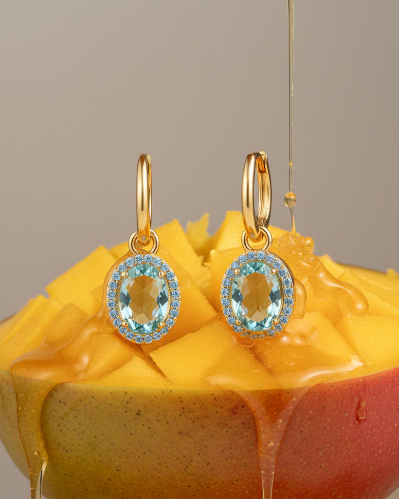 Pendientes colgantes para mujer con piedra azul brillante y acabado en oro amarillo.