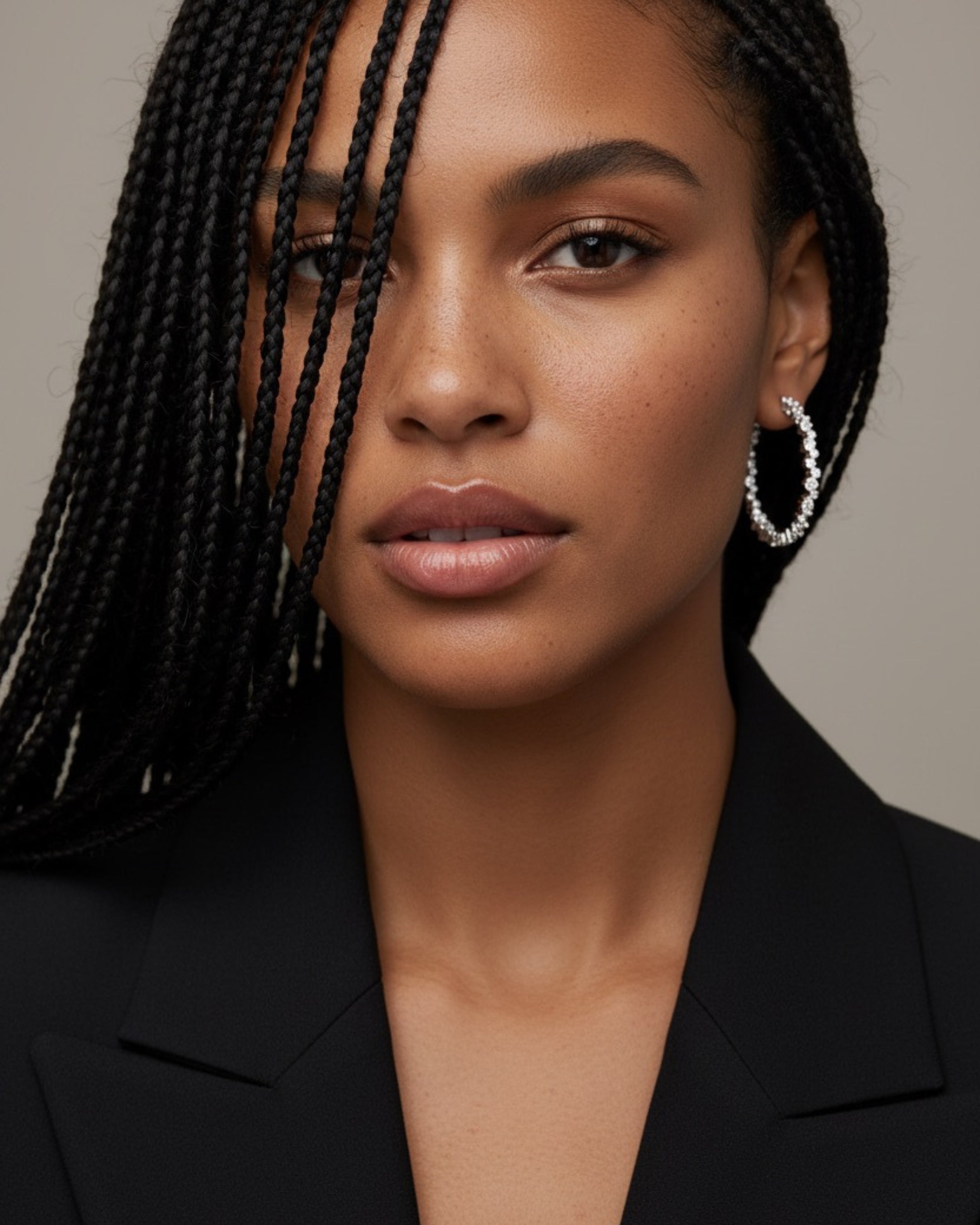 Detalle de los pendientes Ice con múltiples piedras en talla circular que reflejan la luz.