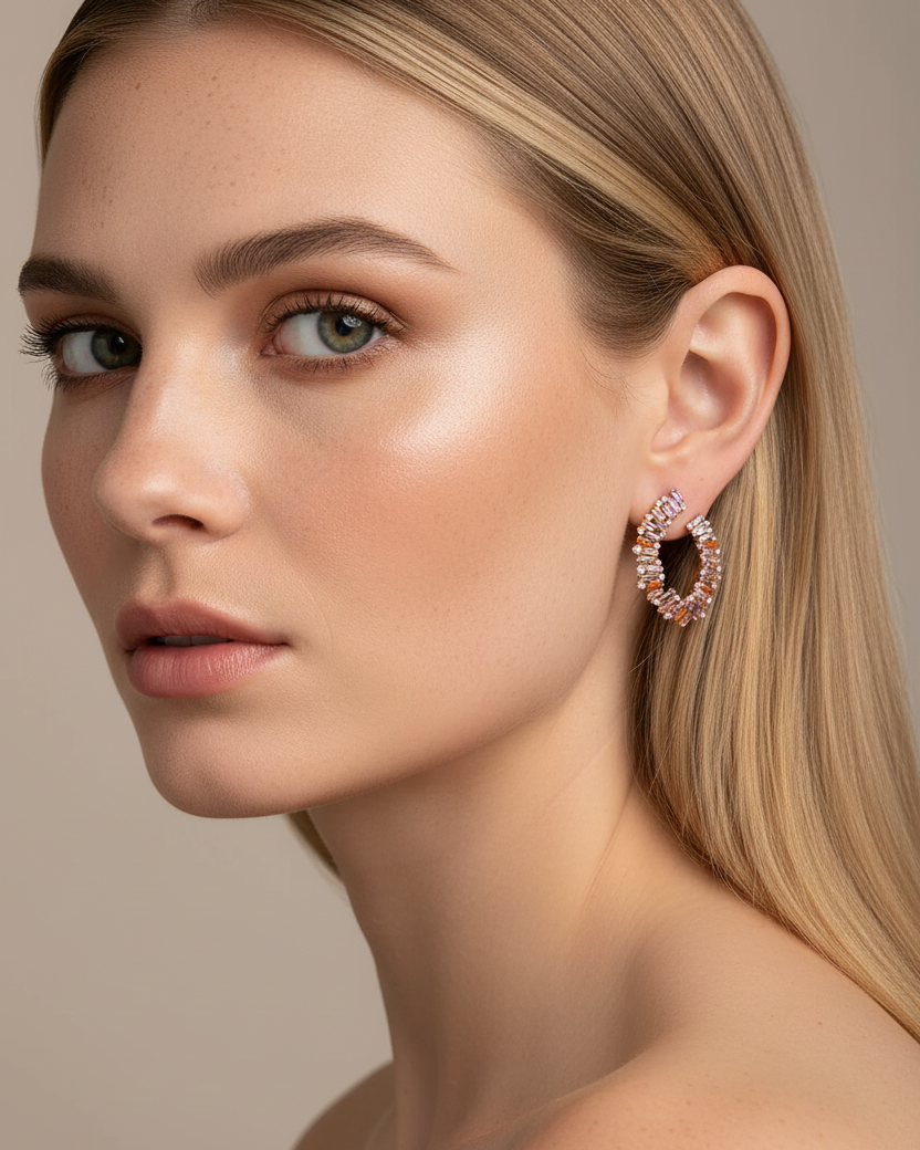 Pendientes ideales para invitadas con piedras multicolor y acabado en oro rosa de 18 kt.