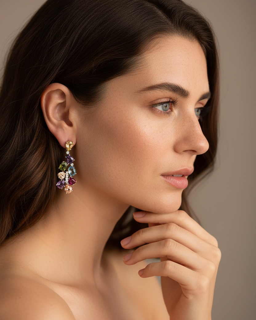 Pendientes largos con piedras de colores y acabado en rodio, sofisticados y modernos.