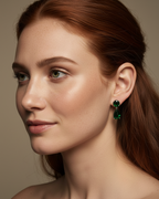 Pendientes largos verdes para mujer con piedra circular y piedra talla pera color esmeralda.
