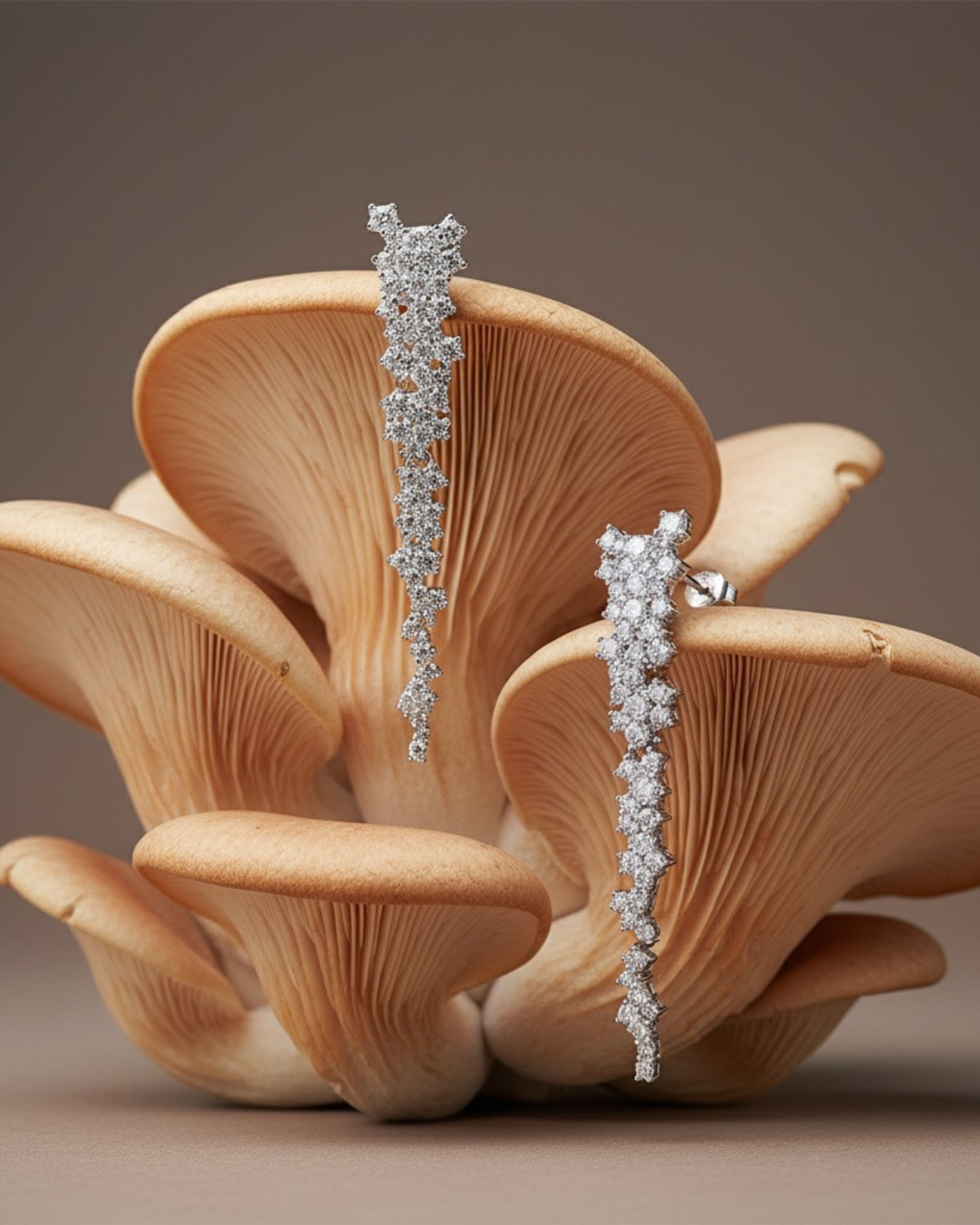 Primer plano de los pendientes Líridas donde se aprecia el brillo de las pequeñas piedras circulares.