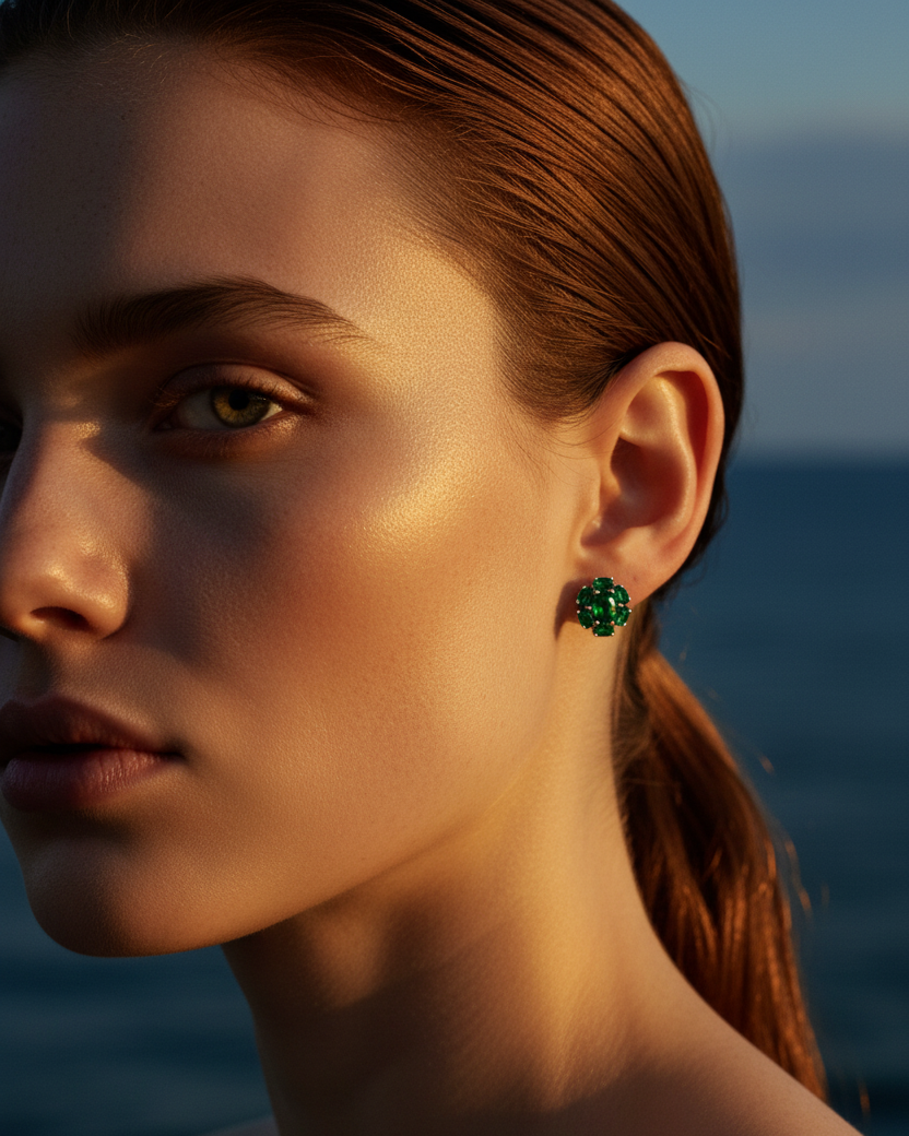 Pendientes MORE clásicos con piedra verde esmeralda y acabado elegante en rodio.