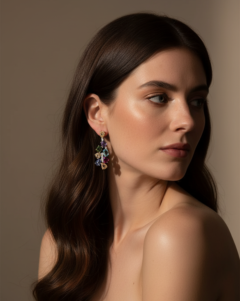 Pendientes multicolor con piedras brillantes en tonos aguamarina, amatista, champagne y rojo rubí.