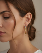 Detalle de pendientes Neppi con piedras en talla circular de 3 mm y 2 mm, montadas sobre base de plata 925 con acabado en oro amarillo 18k.