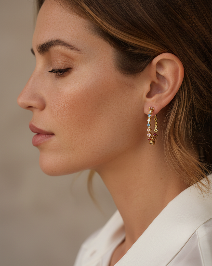 Pendientes elegantes con efecto lluvia en oro amarillo 18k, diseño ligero y sofisticado ideal para looks versátiles.
