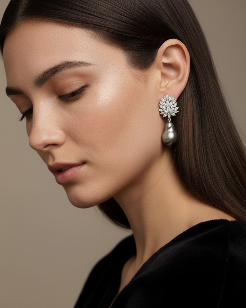 Pendientes con piedras blancas engastadas y gran perla barroca gris de río.